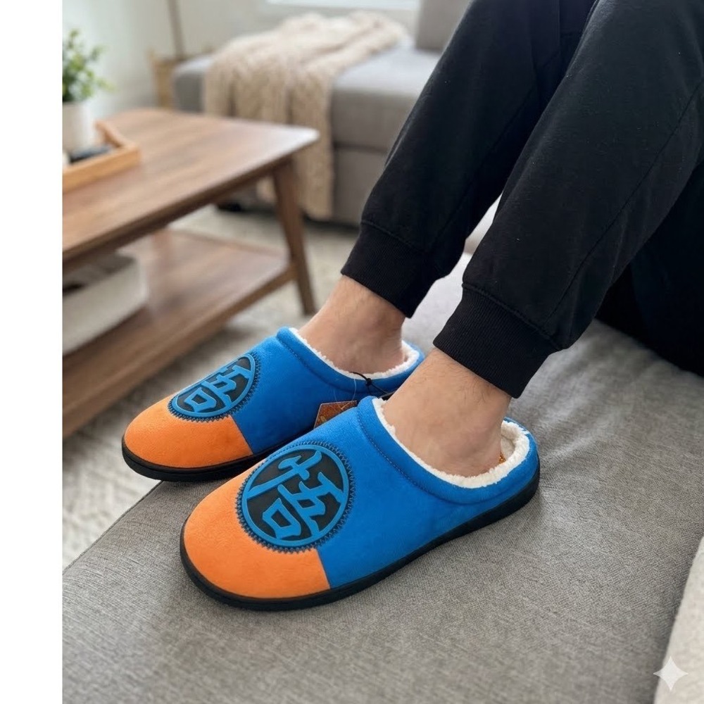 Dragon Ball Super Goku Slippers Mens 7-8 Blue Orange Kanji Faux Fur House Shoes